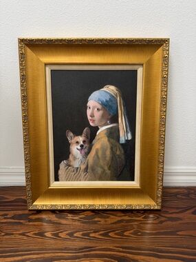 Framed 'Girl with a Pearl Earring' Style Oil Painting with Corgi - Gold Frame